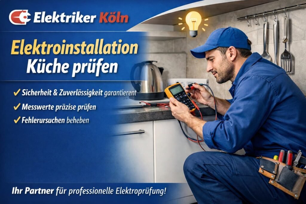 Elektriker prüft Steckdose in der Küche mit Messgerät.