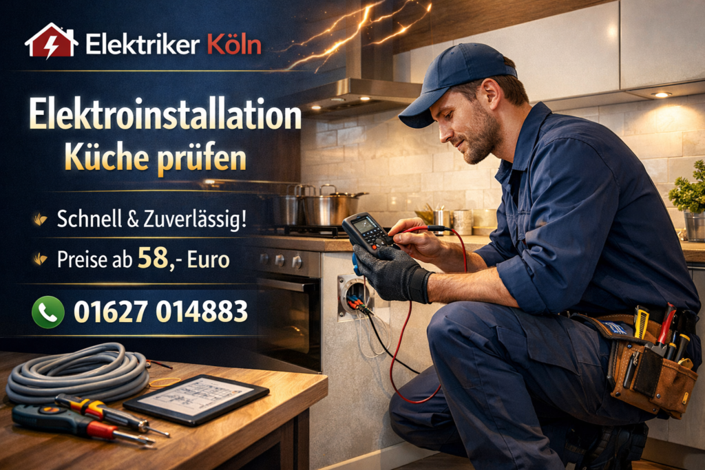 Elektriker prüft die Elektroinstallation in einer modernen Küche mit Messgerät – Service in Köln ab 58€ inklusive schneller Terminvergabe.