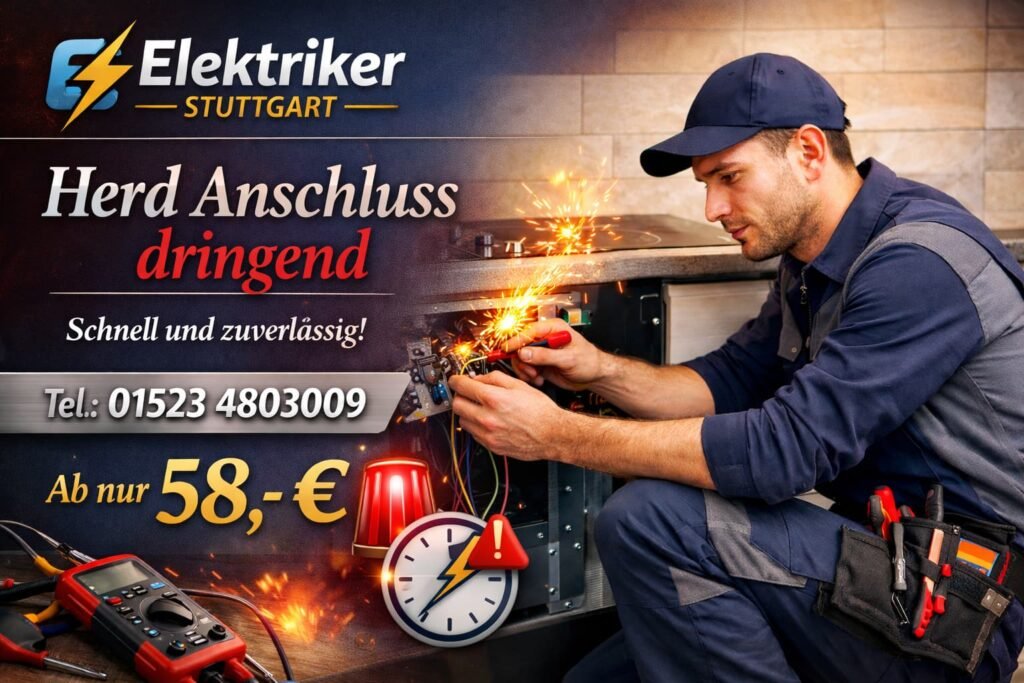 Elektriker in Köln prüft fachgerecht den Anschluss eines Cerankochfelds mit Messgerät an geöffneter Anschlussdose in moderner Küche.