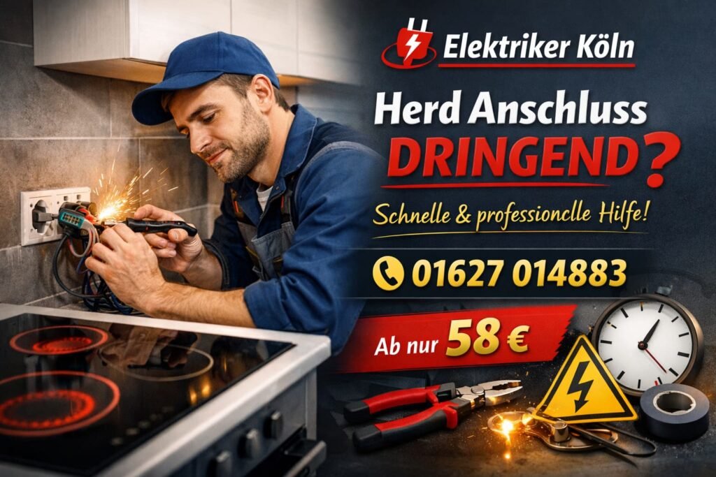 Elektriker beim dringenden Herdanschluss in moderner Küche mit Notdienst-Hinweis.