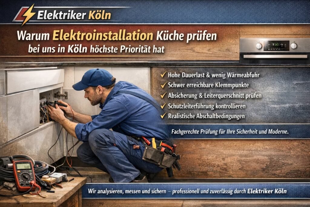 Elektriker prüft Kücheninstallation und misst Leitungen hinter dem Schrank in Köln.