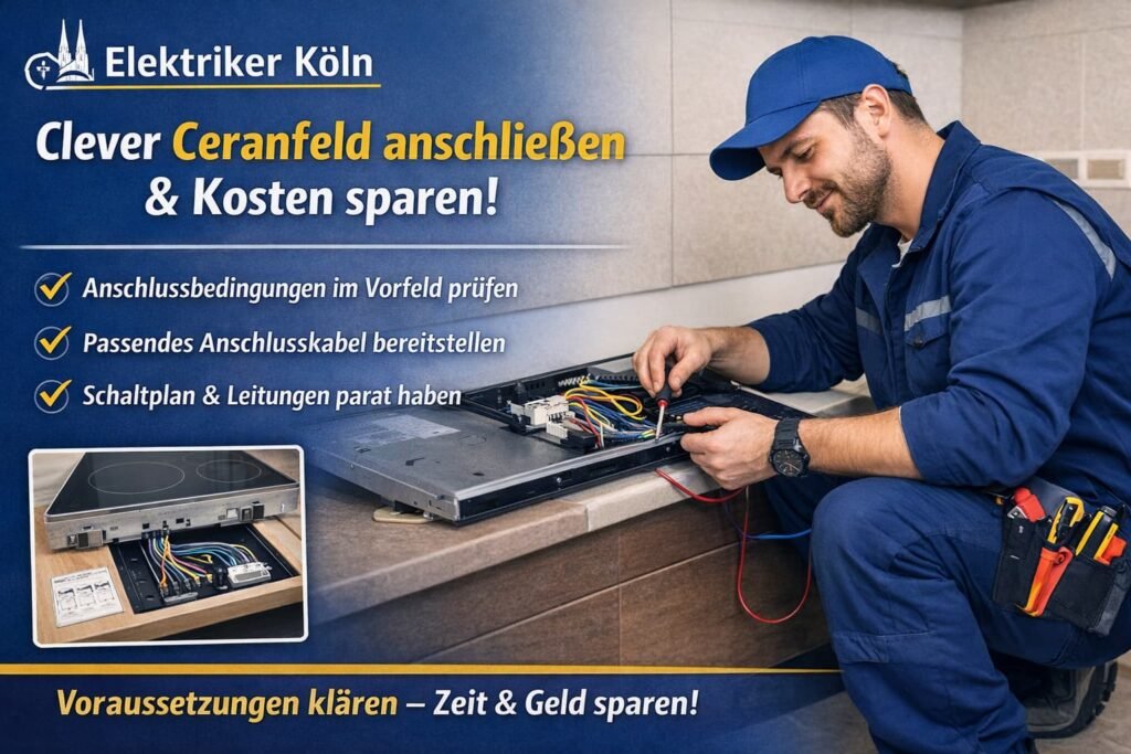 Elektriker montiert fachgerecht ein Ceranfeld in einer Küche und prüft die Anschlussleitungen sorgfältig.