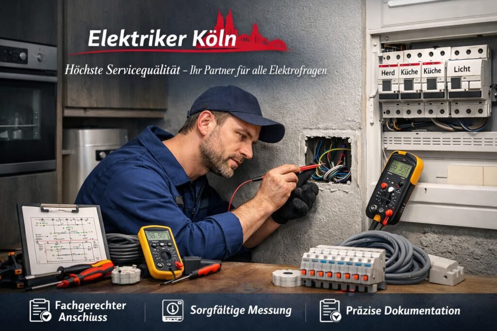 Elektriker prüft fachgerecht eine Anschlussstelle in der Küche mit Messgerät.
