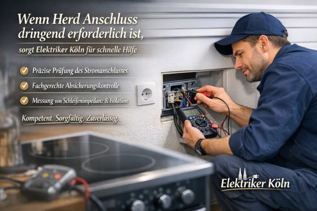 Elektrofachkraft prüft Herdanschluss mit Messgerät und kontrolliert Klemmen sowie Absicherung in moderner Küche.