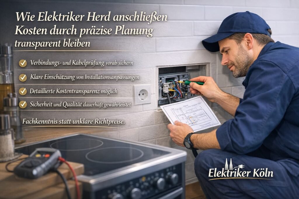 Elektriker prüft Herdanschluss in moderner Küche und kontrolliert Leitungen sowie Klemmen für transparente und fachgerechte Installation.