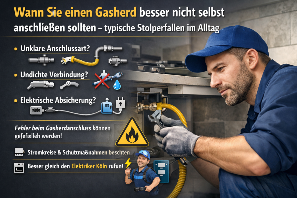 Elektriker installiert Gasherd-Anschluss in der Küche und prüft Gasleitung und elektrische Zündung