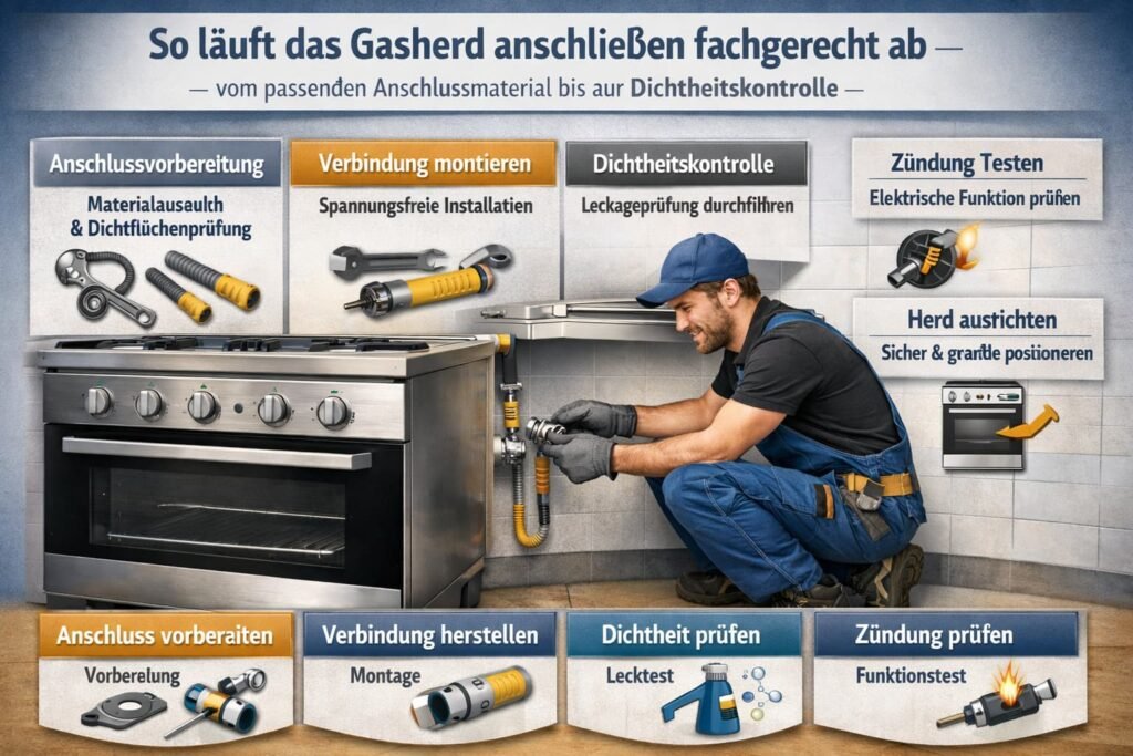 Elektriker installiert fachgerecht einen Gasherd und prüft Anschluss sowie Dichtheit der Gasleitung.