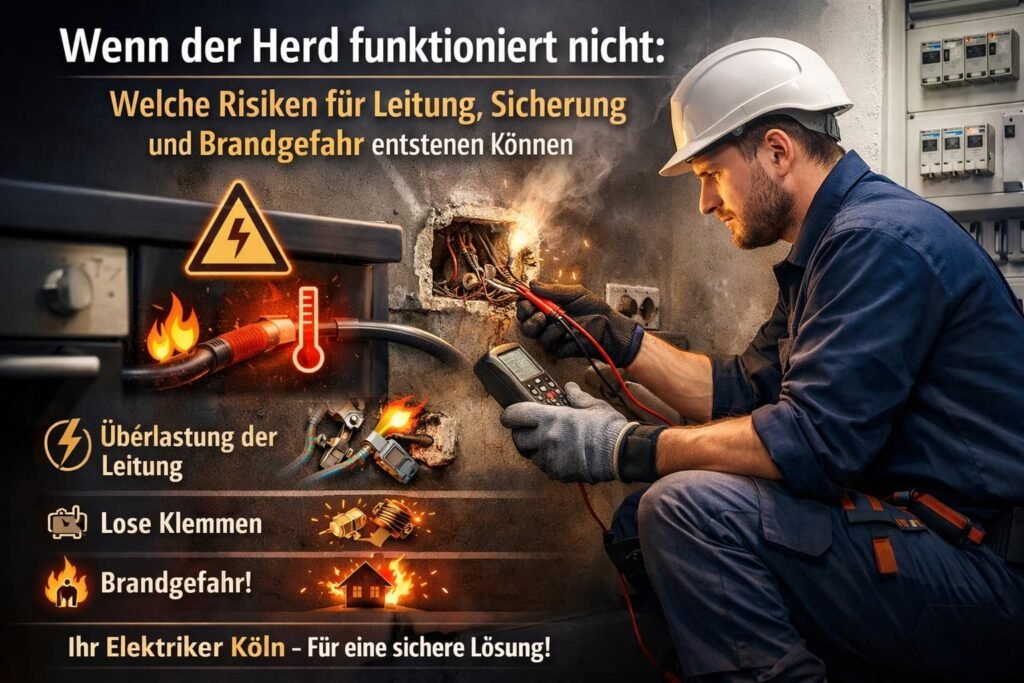 Elektriker repariert Herdanschluss und prüft elektrische Leitung wegen möglicher Überlastung und Brandgefahr.