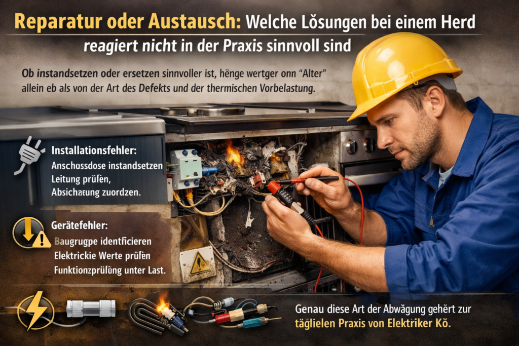 Elektriker prüft defekten Herdanschluss und repariert elektrische Installation in der Küche.