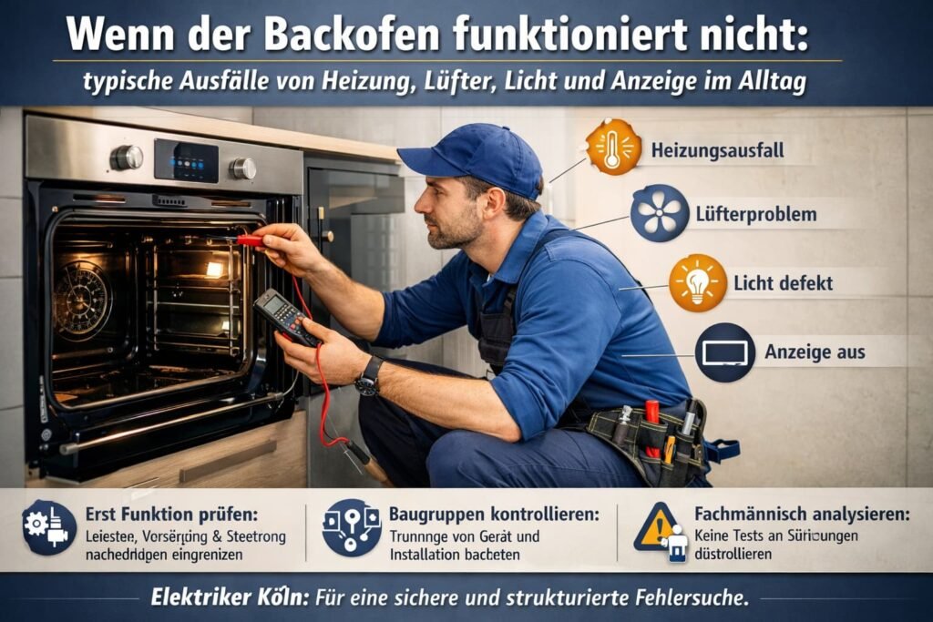 Techniker repariert defekten Backofen und prüft Heizung, Lüfter und Anzeige
