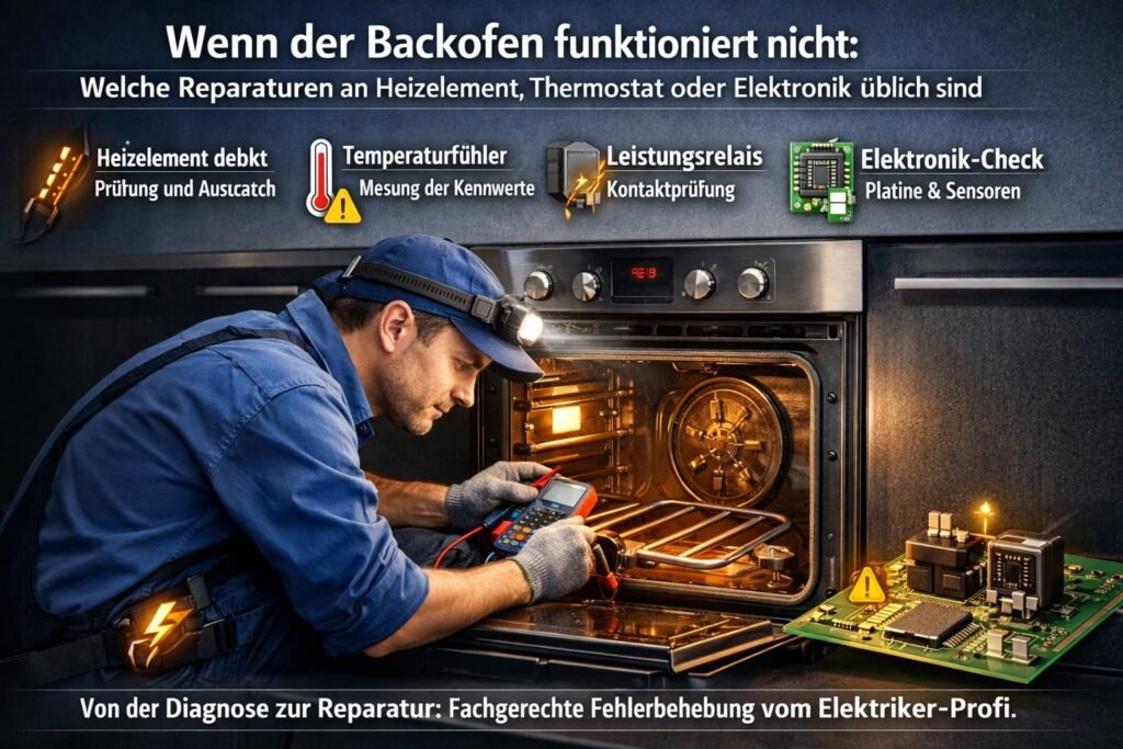 Elektriker repariert Backofen und prüft Heizelement, Thermostat und Elektronik bei Backofen-Defekt