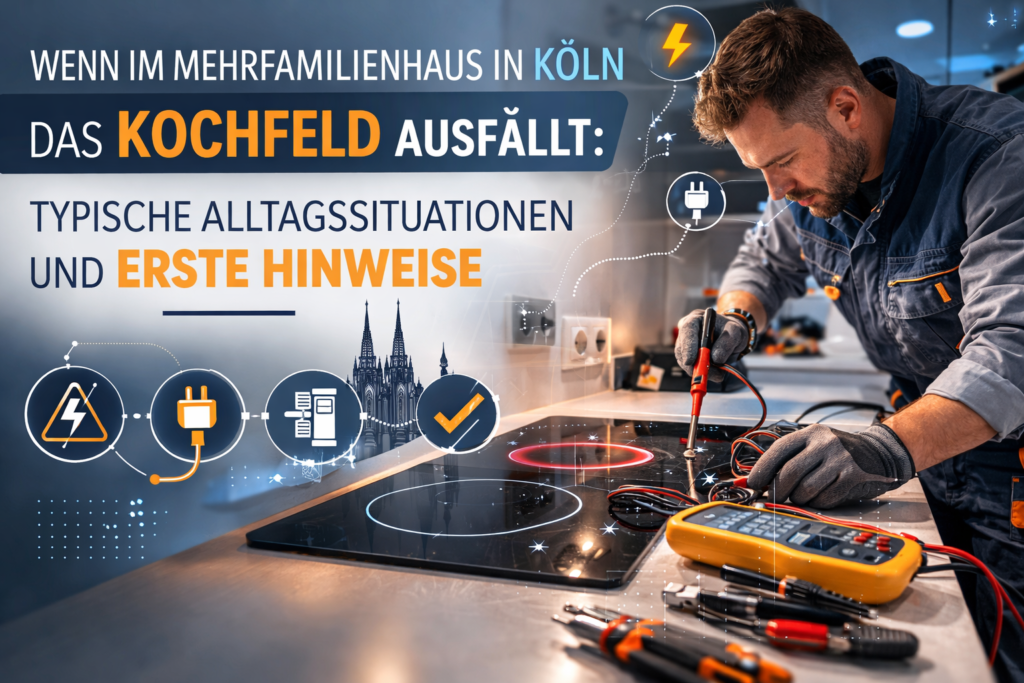 Elektriker prüft ein Ceranfeld in einer Küche in Köln mit Messgerät