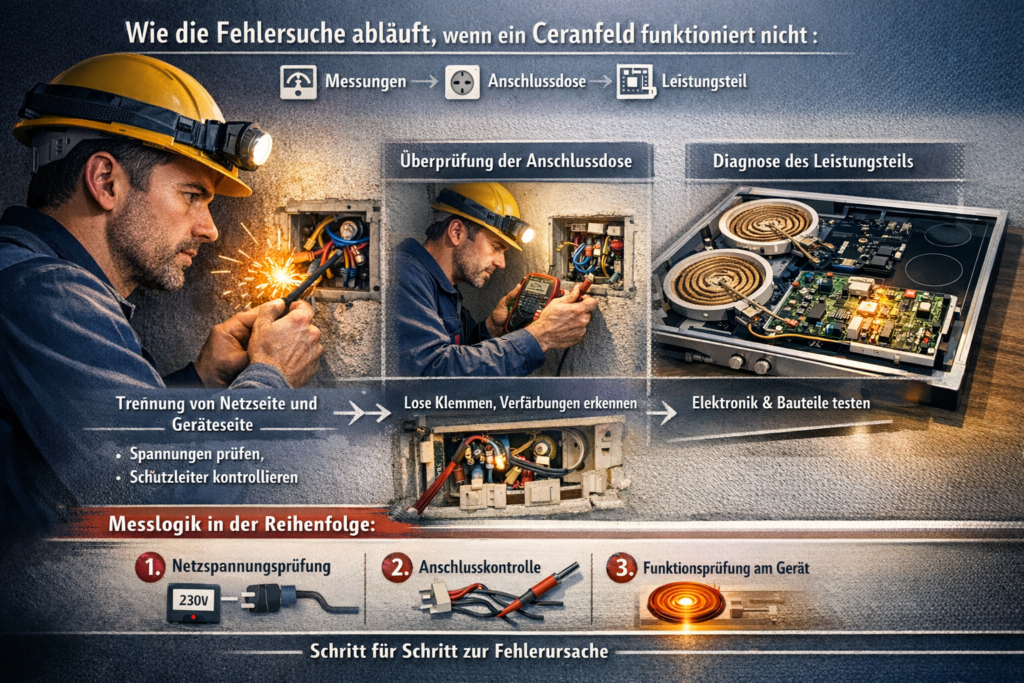 Elektriker bei der Fehlersuche an einem Ceranfeld – Messungen an Anschlussdose und Prüfung des Leistungsteils