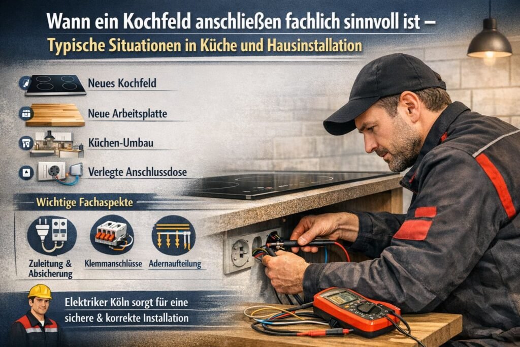 Elektriker installiert ein Kochfeld in der Küche und überprüft fachgerecht Kabel, Anschlussdose und Absicherung der