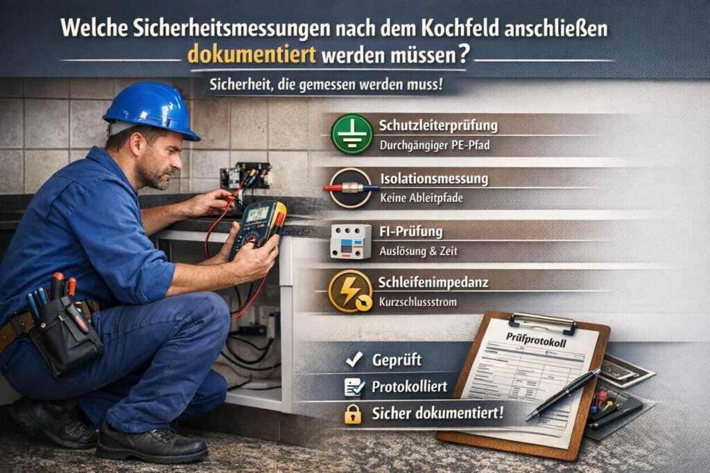Elektriker prüft Sicherheitsmessungen nach dem Kochfeld anschließen und dokumentiert elektrische Schutztests.