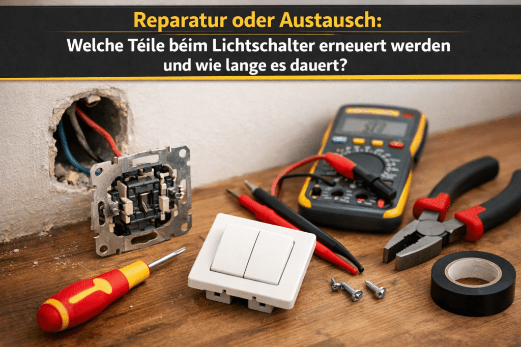 Defekter Lichtschalter mit Werkzeugen