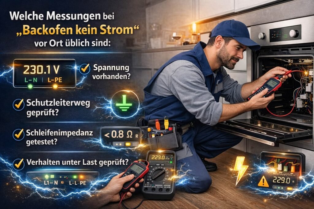 Elektriker prüft Backofen ohne Strom mit Spannungsmessung und elektrischen Messgeräten vor Ort.