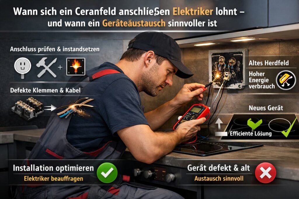 Elektriker prüft Ceranfeld-Anschluss mit Messgerät und Elektro-Icons.