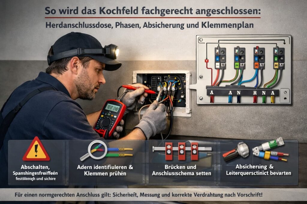 Elektriker schließt ein Kochfeld an der Herdanschlussdose an und prüft Phasen, Klemmenplan und Absicherung.