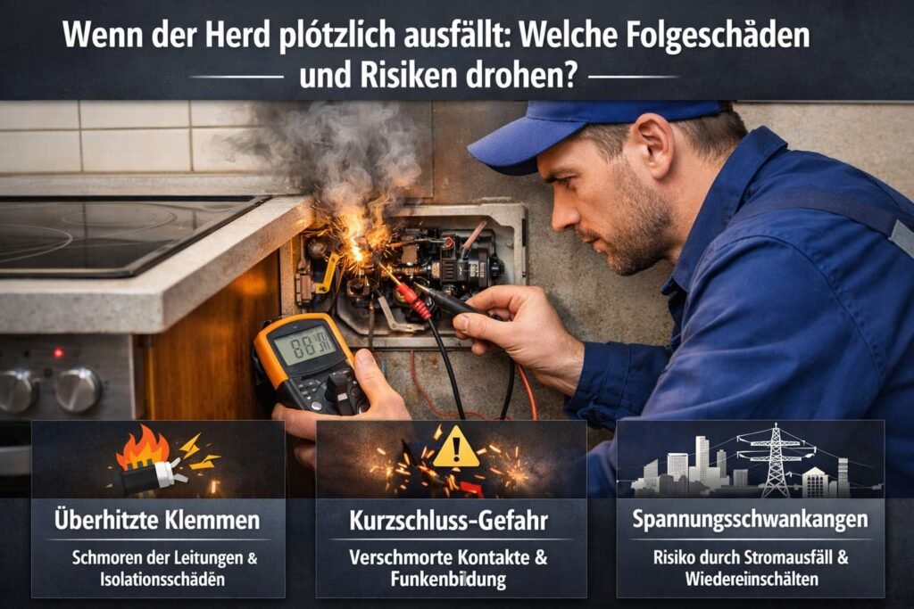 Elektriker prüft defekten Herdanschluss mit Messgerät – Risiko von Kurzschluss und überhitzten Klemmen.