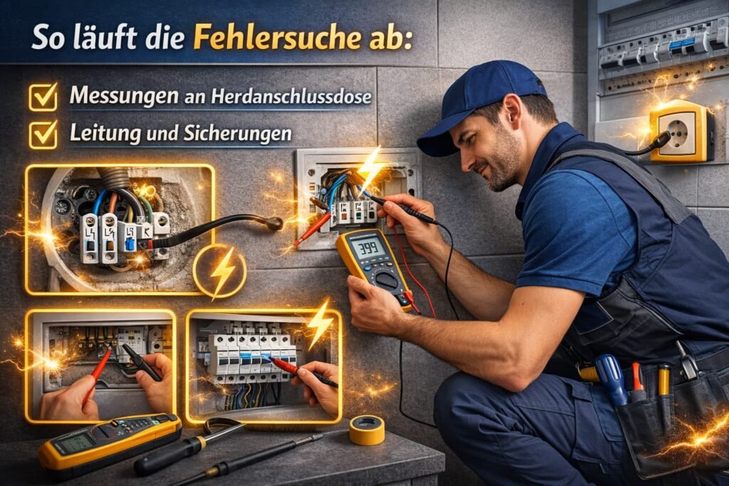 Elektriker misst Spannung an Herdanschlussdose und Sicherungen – professionelle Fehlersuche bei Herd ohne Strom.