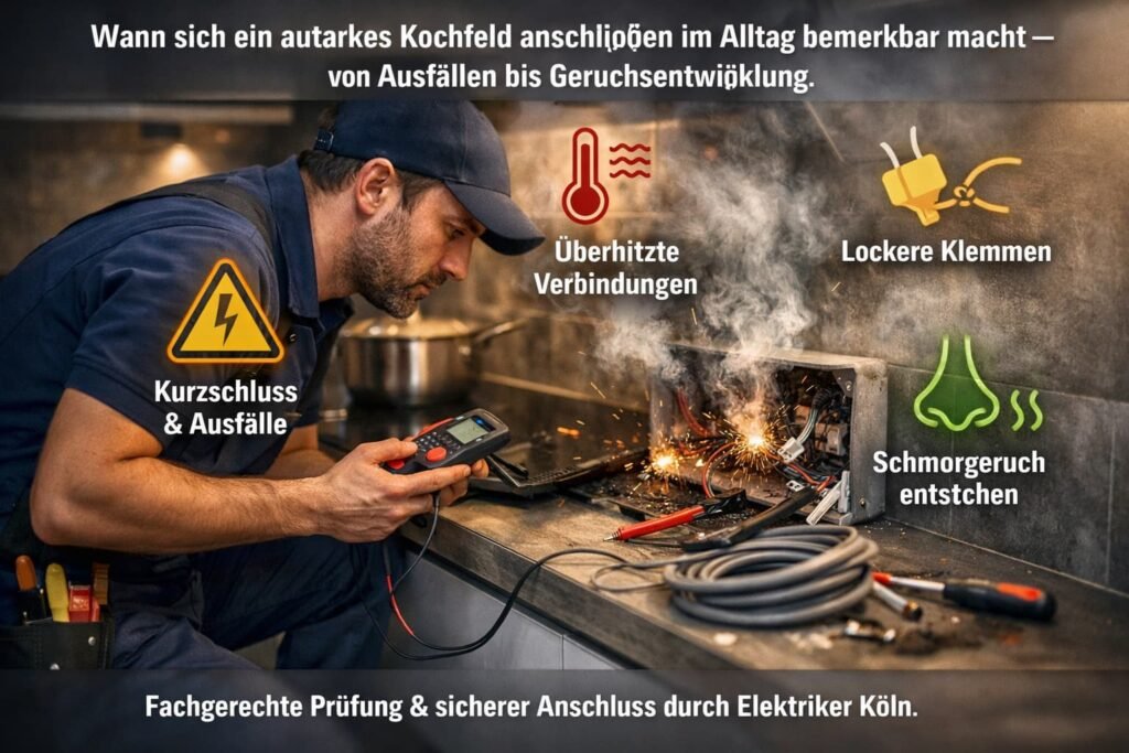 Elektriker prüft ein autarkes Kochfeld und elektrische Verbindungen bei einem technischen Problem in der Küche.