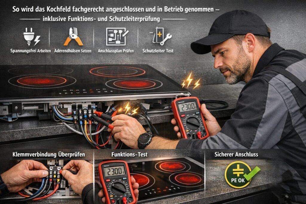 Elektriker prüft den Anschluss eines Kochfelds mit Multimeter und sichtbaren Elektrosymbolen.