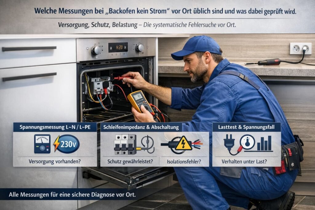 Elektriker misst mit einem Multimeter einen Backofen ohne Strom; Infografik zeigt Spannungsmessung, Schleifenimpedanz, Isolationstest und Lastprüfung.