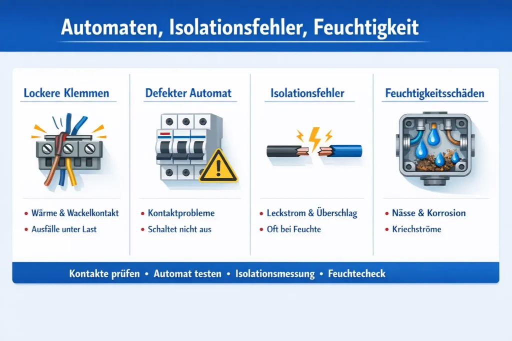 Häufige Ursachen im Hintergrund: lose Klemmen, defekte Automaten, Isolationsfehler, Feuchtigkeit