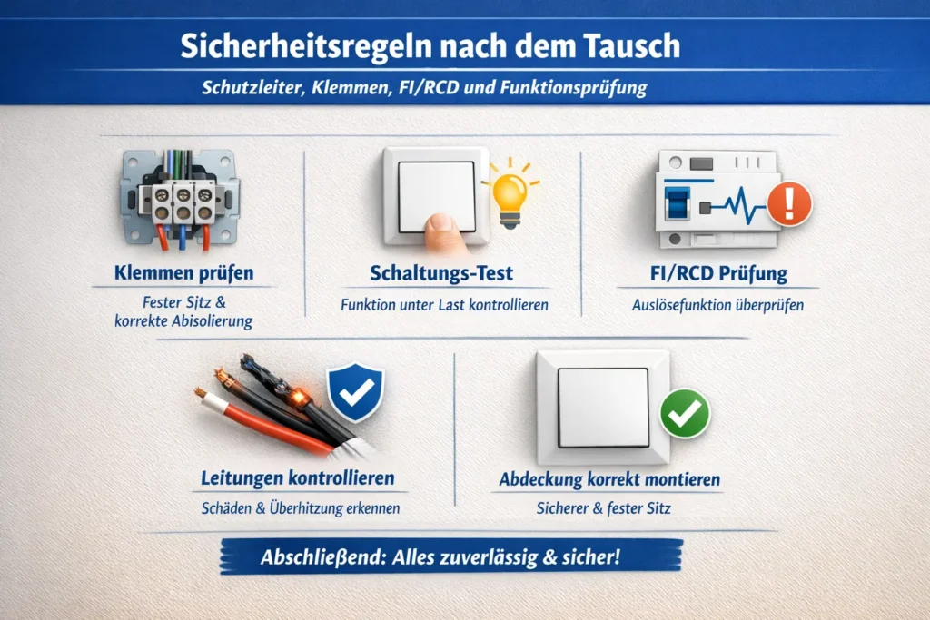 Sicherheitsregeln nach dem Tausch: Schutzleiter, Klemmen, FI/RCD und Funktionsprüfung