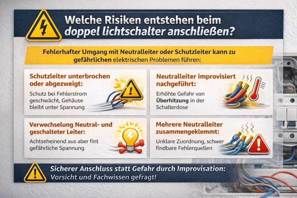 Welche Risiken entstehen, wenn beim doppel lichtschalter anschließen Neutralleiter oder Schutzleiter falsch behandelt werden?