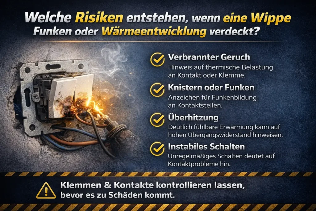 Welche Risiken entstehen, wenn eine lose Wippe Funken oder Wärmeentwicklung verdeckt?