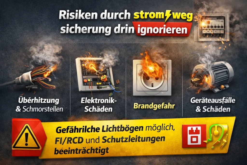Welche Risiken entstehen, wenn strom weg sicherung drin ignoriert wird (Geräte, Leitungen, Brandgefahr)?