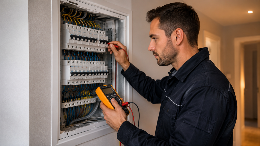 Professioneller Elektriker bei der Messung und Prüfung einer Unterverteilung durch Elektriker Köln in Köln Altstadt-Süd.