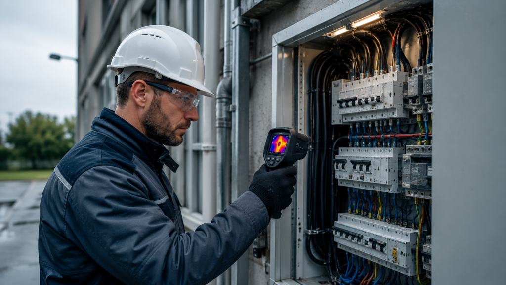 Elektriker mit Schutzhelm und Wärmebildkamera bei der professionellen Prüfung einer Hauptverteilung durch Elektriker Köln in Köln Altstadt-Nord.
