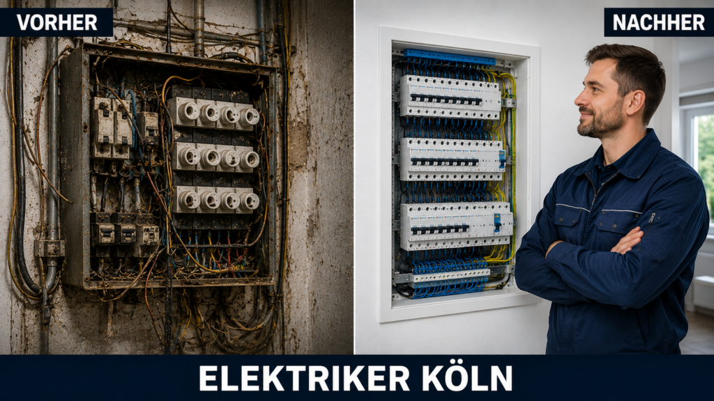 Vorher-Nachher-Vergleich einer veralteten, gefährlichen Sicherungsbox und einer modernisierten Unterverteilung durch Elektriker Köln in Köln Bickendorf.